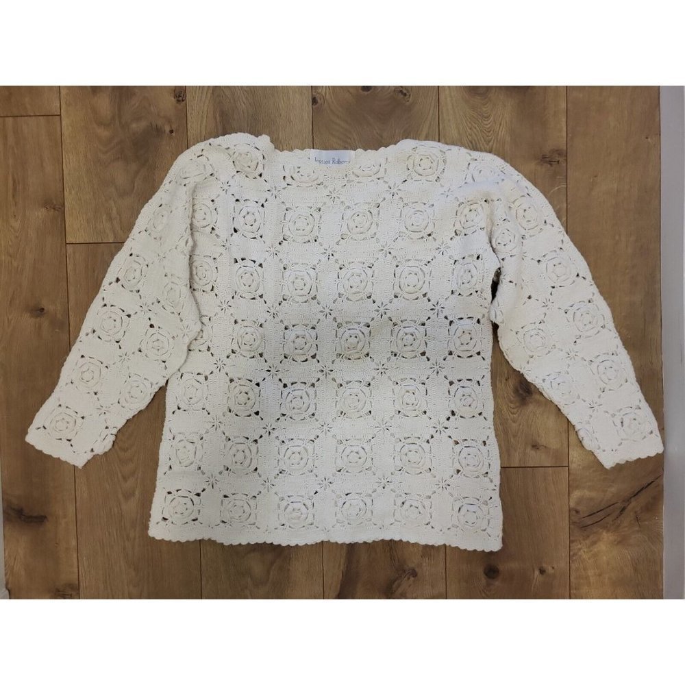 JESSICA Roberts Vintage Crochet Sweater Granny Core White Medium